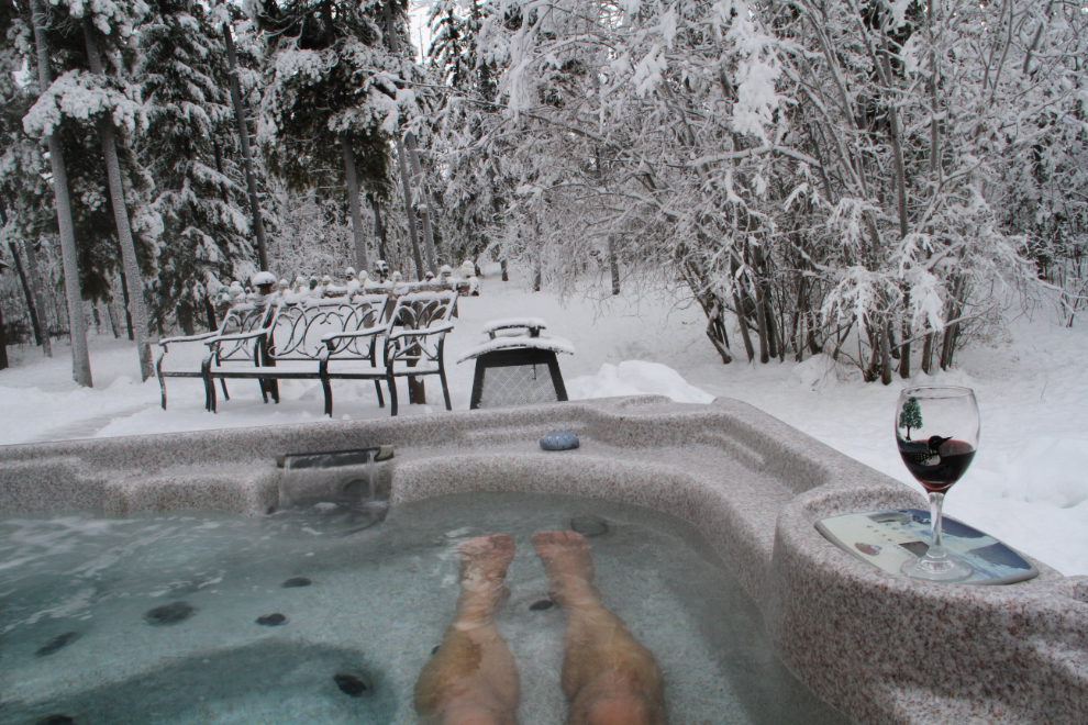 Enjoying a Yukon winter with wine and a hot tub