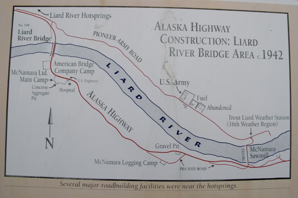 A map showing facilities near Liard hot springs during construction of the Alaska Highway