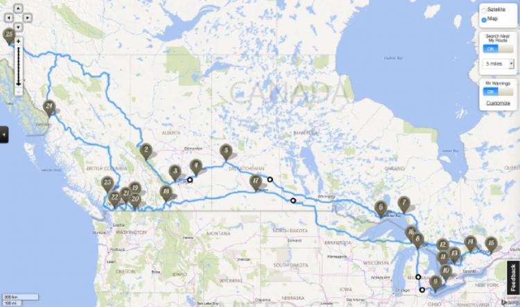 Map of our 2016 cross-Canada RV trip
