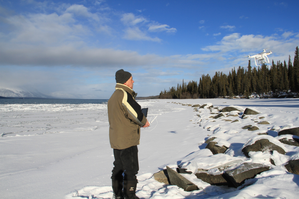 Murray with his new drone at Warm Bay near Atlin, BC