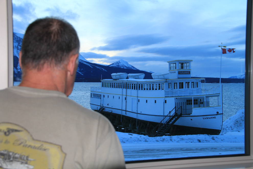 The view of the historic boat Tarahne from room #10 at the Atlin Mountain Inn