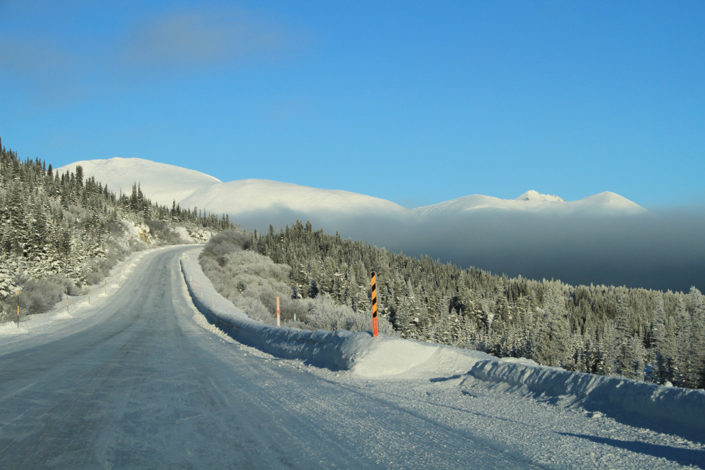 Climbing up above a snow-cloud on the South Klondike Highway