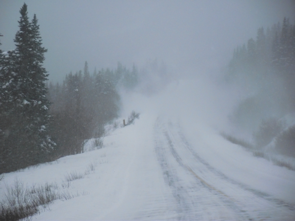 Traffic on the snowy South Klondike Highway