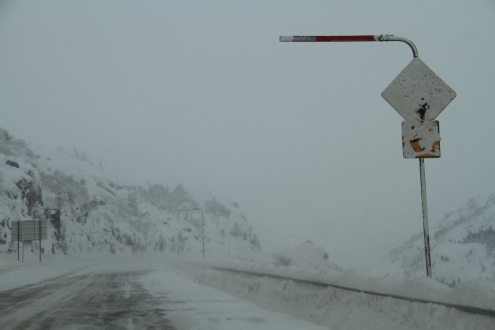 Snow-covered warning signs on the South Klondike Highway