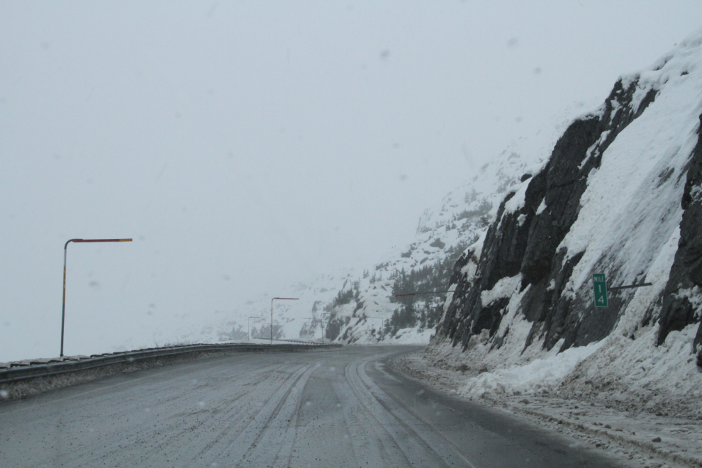 Mixed rain and snow at Mile 14 of the South Klondike Highway