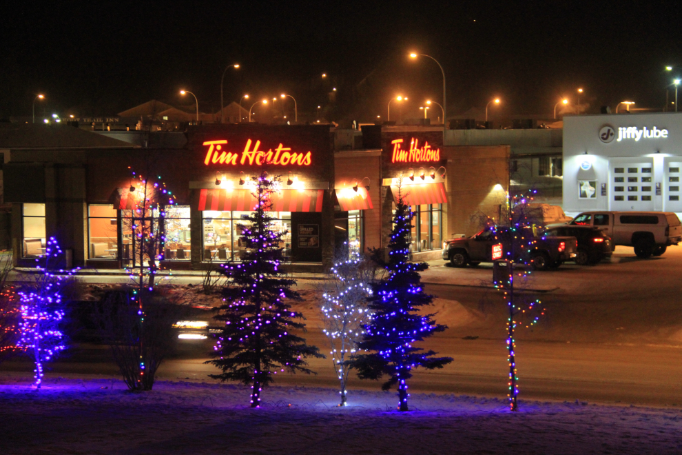 Christmas lights in front of Tim Horton's - Whitehorse, Yukon