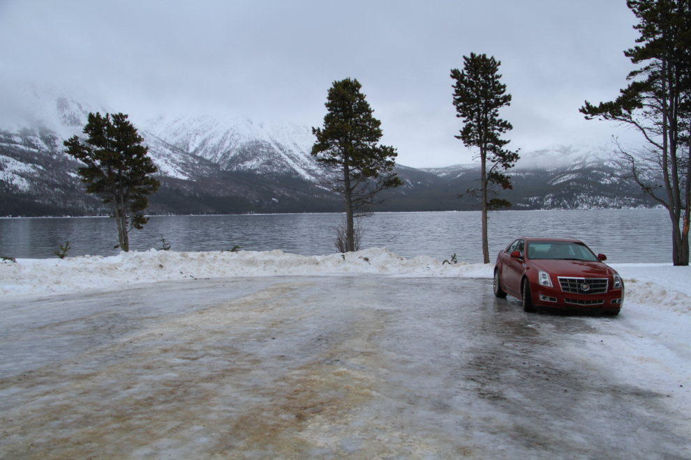 Ice on the parking lot at Tutshi Lake, BC