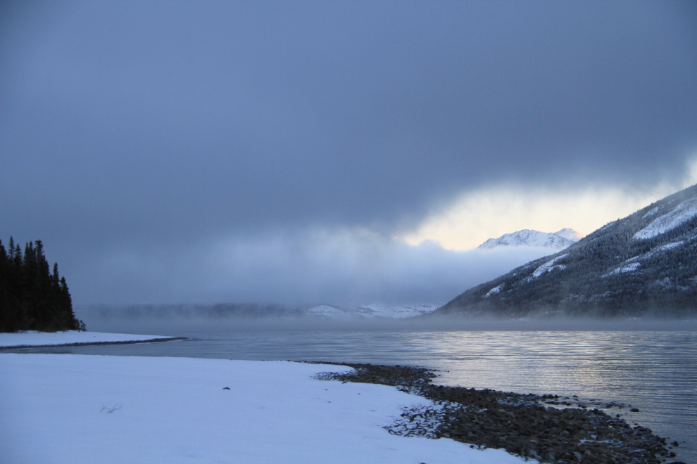 A foggy winter morning at Tutshi Lake, BC