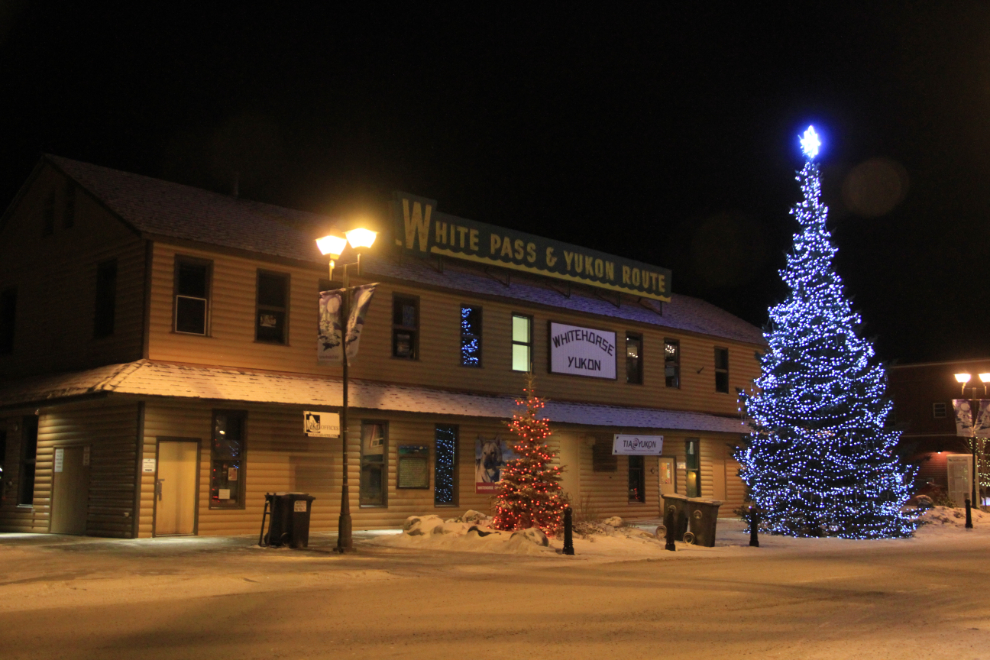WP&YR depot with huge Christmas tree - Whitehorse, Yukon