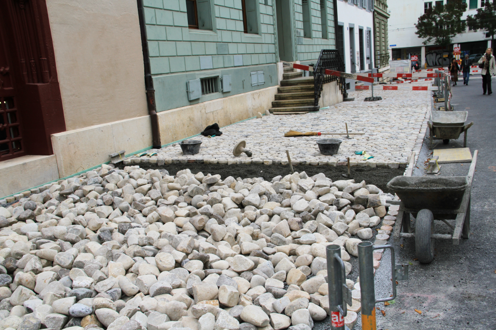 Rebuilding a cobbled road in Basel, Switzerland