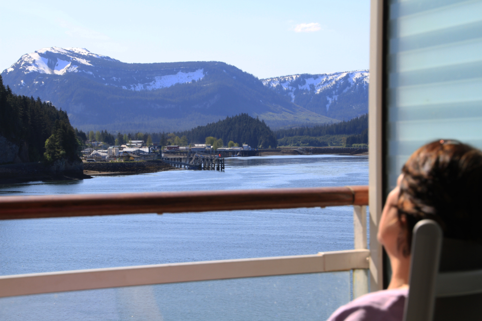 Enjoying our balcony cabin at Icy Strait Point, Alaska