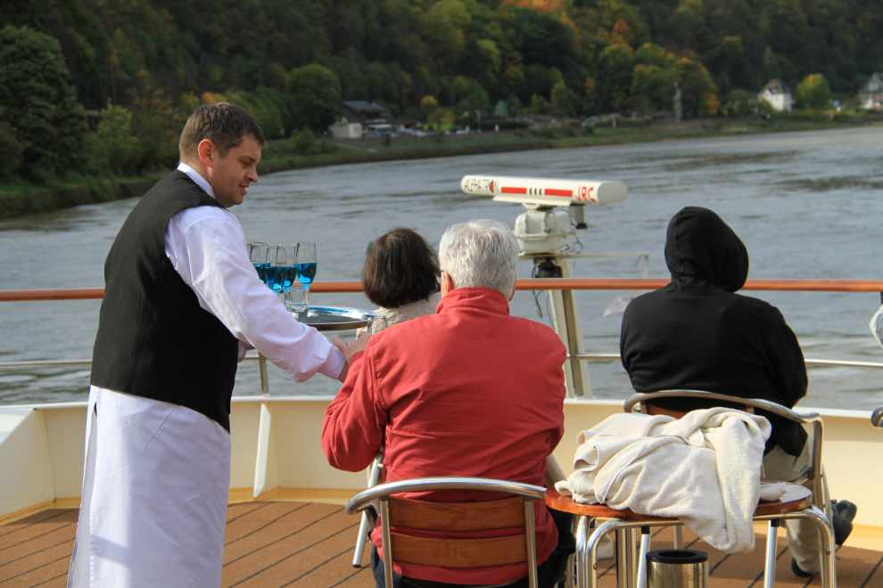 A celebration of some sort on the River Queen while cruising down the Rhine River.