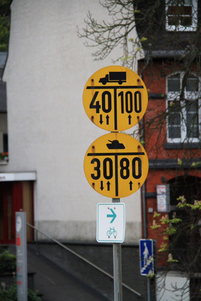 Special traffic control signs for army tanks, in Cochem, Germany