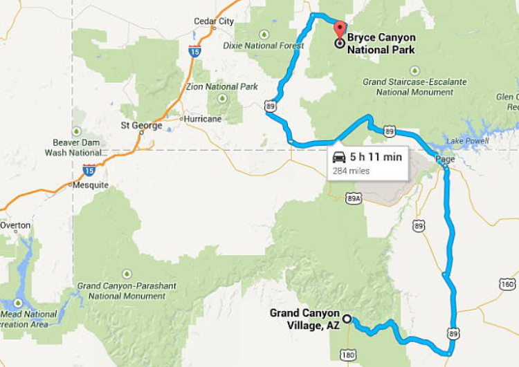 Route from Grand Canyon to Bryce Canyon