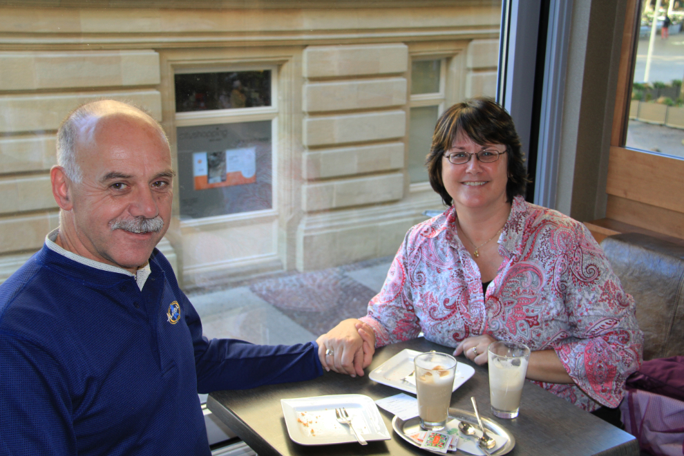 Murray Lundberg and Cathy Small having a snack in Luxembourg