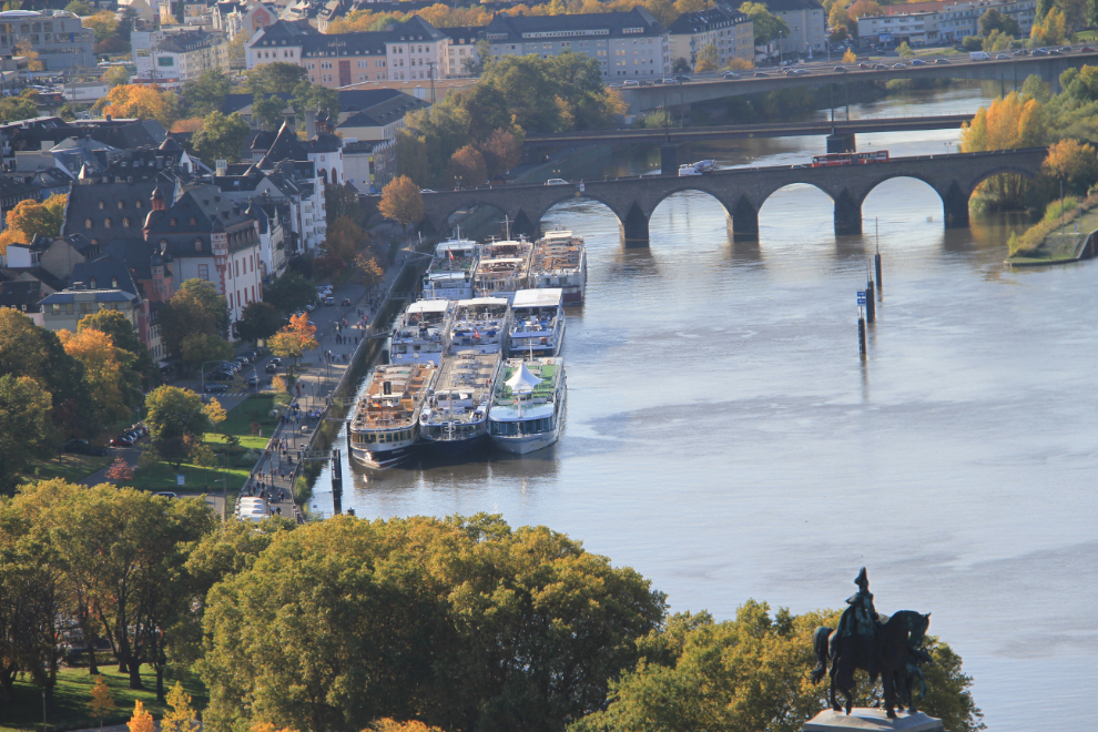 Riverboats stacked up three deep along the Mosel.