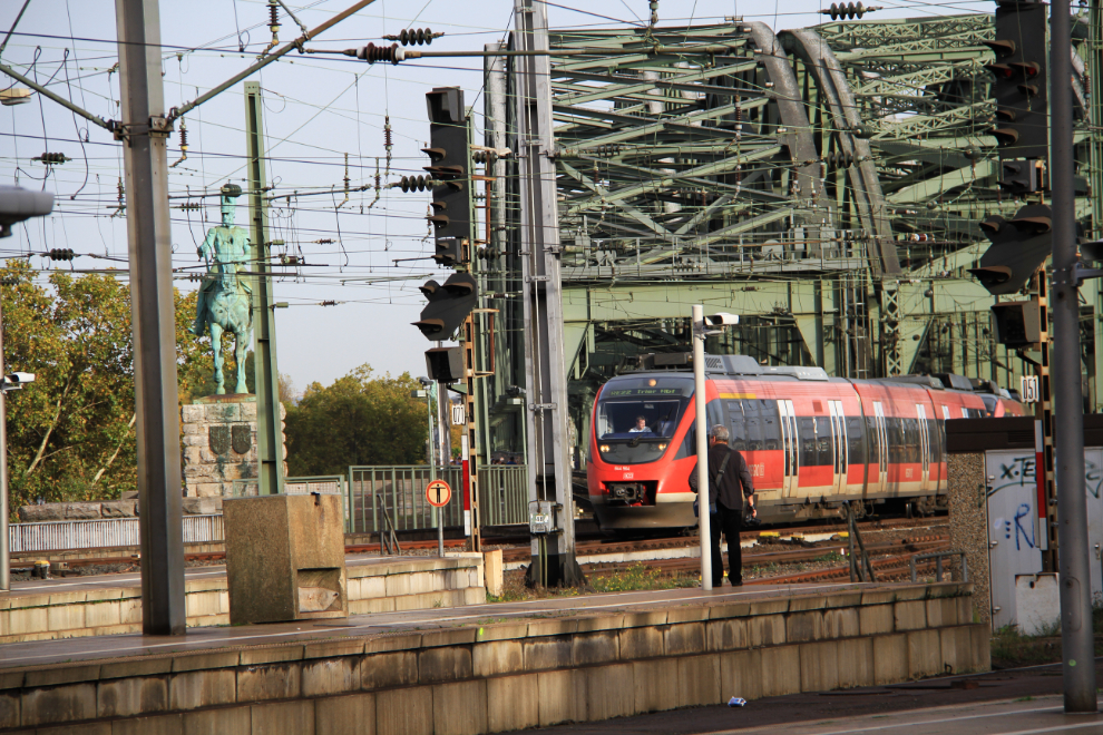 Train on the Hohenzollern Bridge across the Rhine River