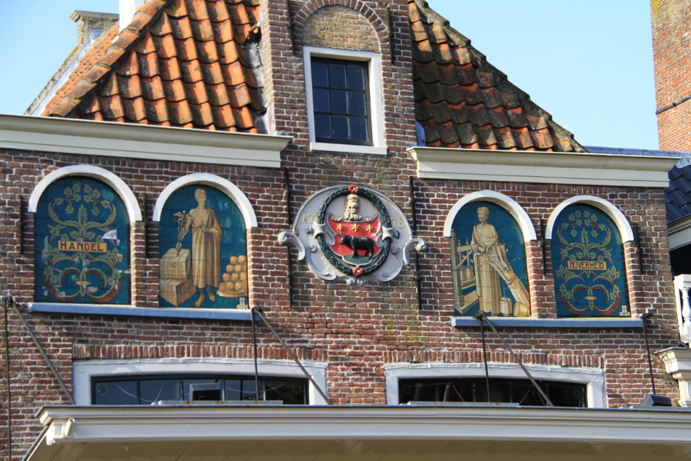 The facade of the main building at the original cheese market square in Edam