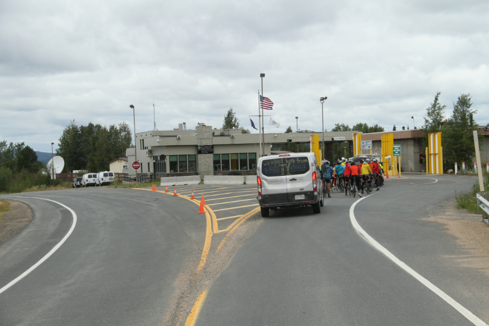Texas 4000 charity cyclists at the port Alcan border crossing