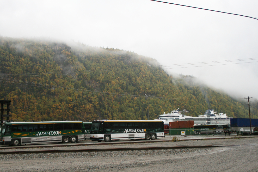 Tour busses being shipped out of Skagway for the winter