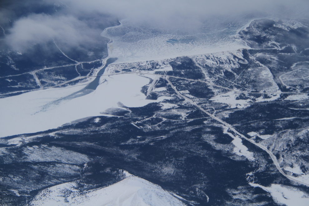 Aerial view of Carcross, Yukon in the winter