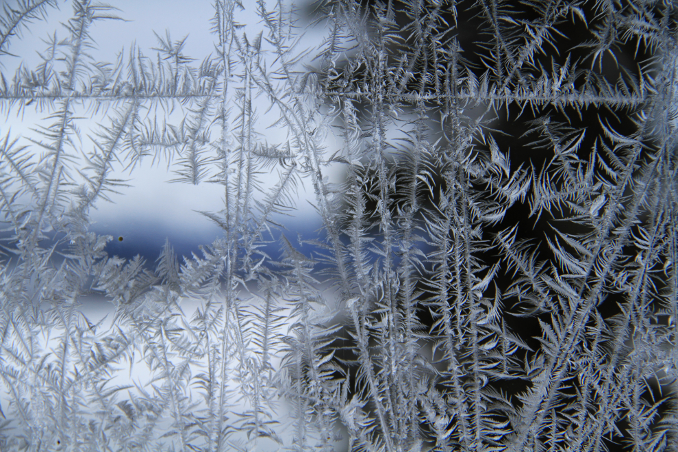 Frost feathers at the Carcross cabin in the winter
