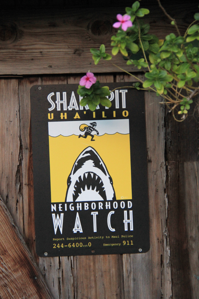 Neighborhood Watch shark sign at Lahaina, Maui