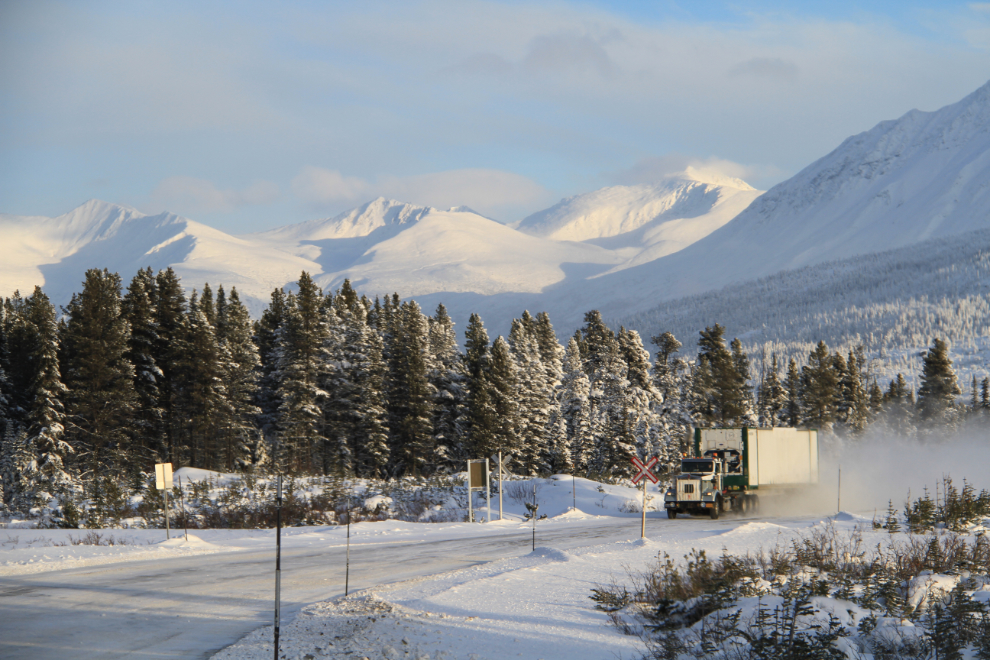 Transport truck on the South Klondike Highway in the winter