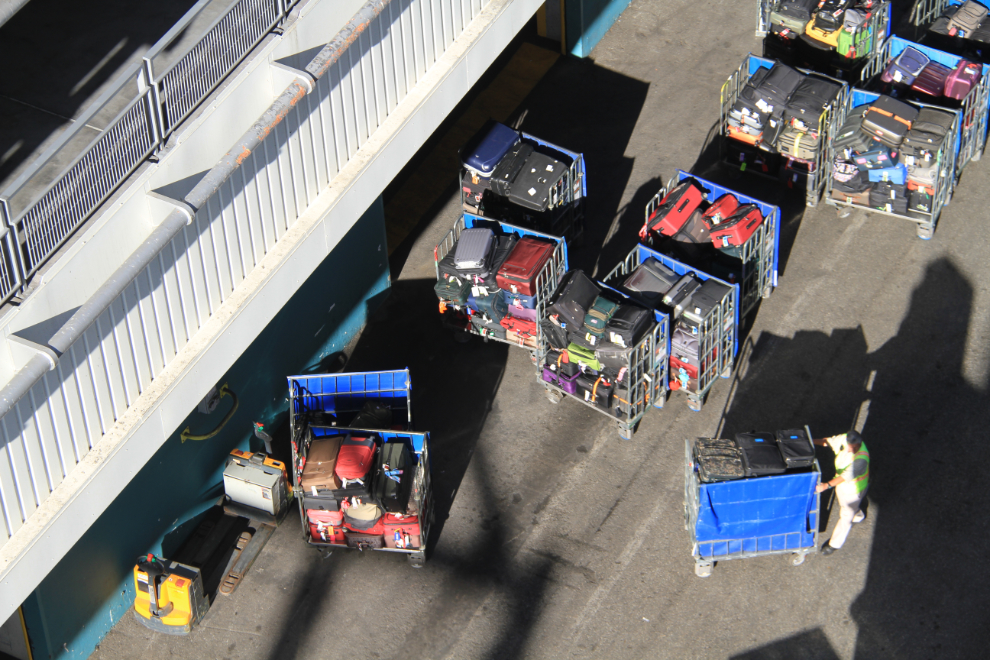 Luggage being unloaded at the Port of Los Angeles, California