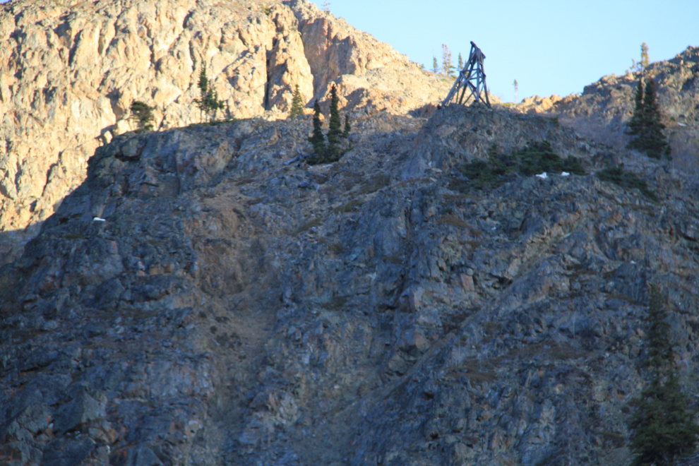 Mountain goats sleeping near one of the aerial tramway towers at Pooley Canyon, Yukon
