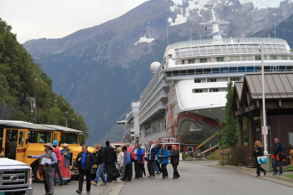 Tour buses and cruise ships at Skagway, Alaska