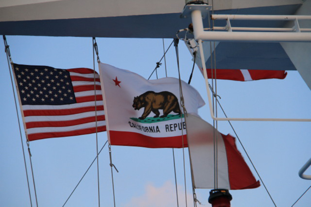 Flags flying as we sailed into San Francisco, California
