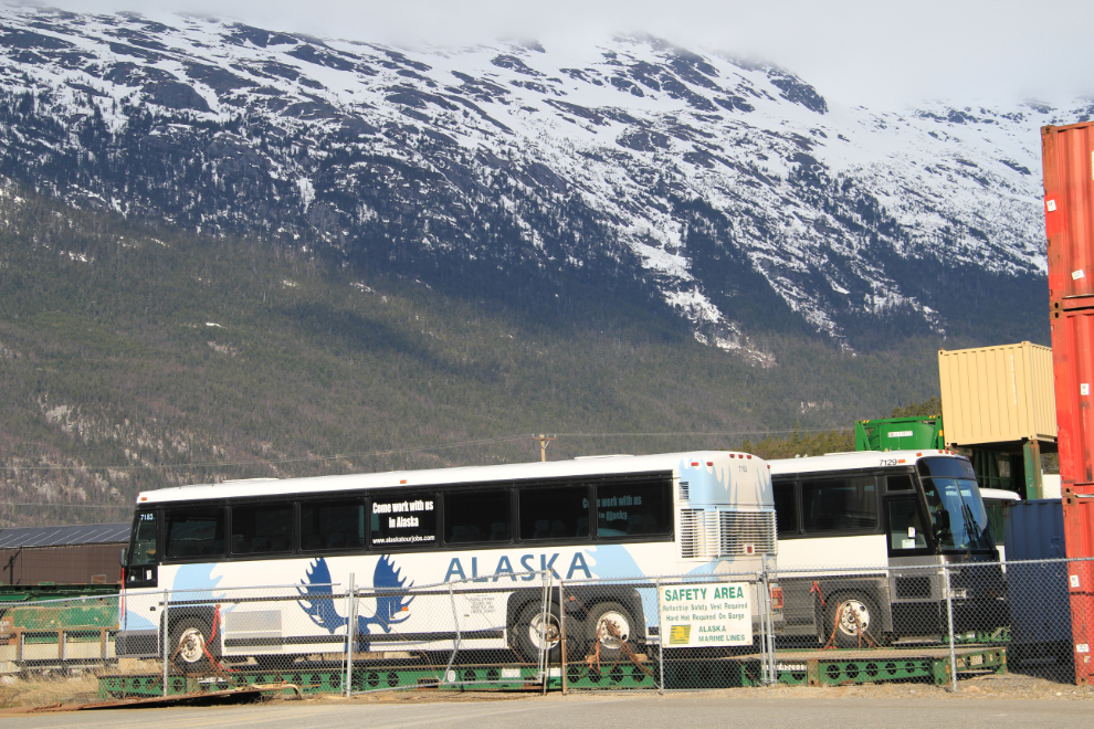 Buses being barged to Skagway, Alaska