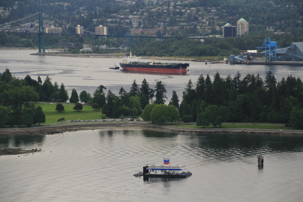 Stanley Park, with a freighter arriving