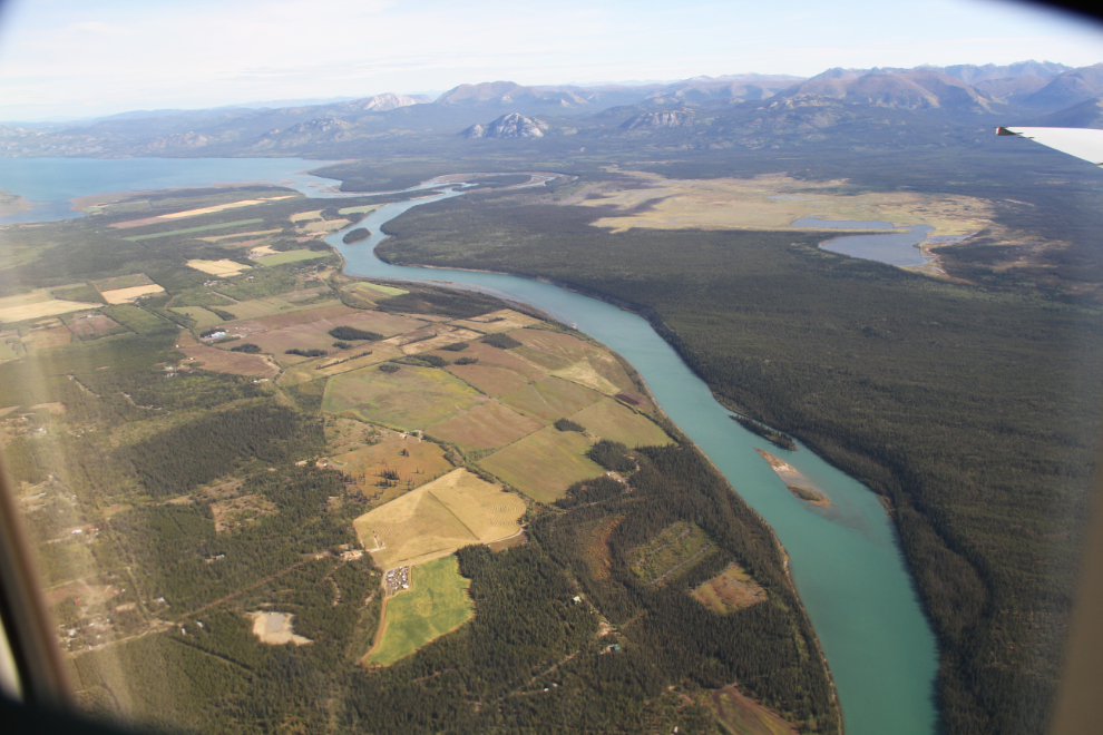 Aerial view of the Yukon River flowing into Lake Laberge