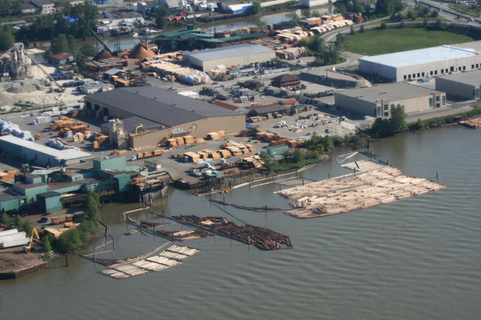 Aerial view of lumber mills along the Fraser River