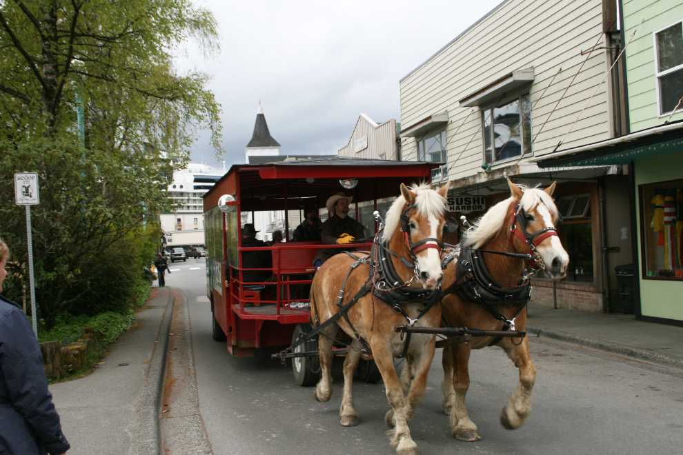 A tour of downtown Ketchikan by horse-drawn wagon.