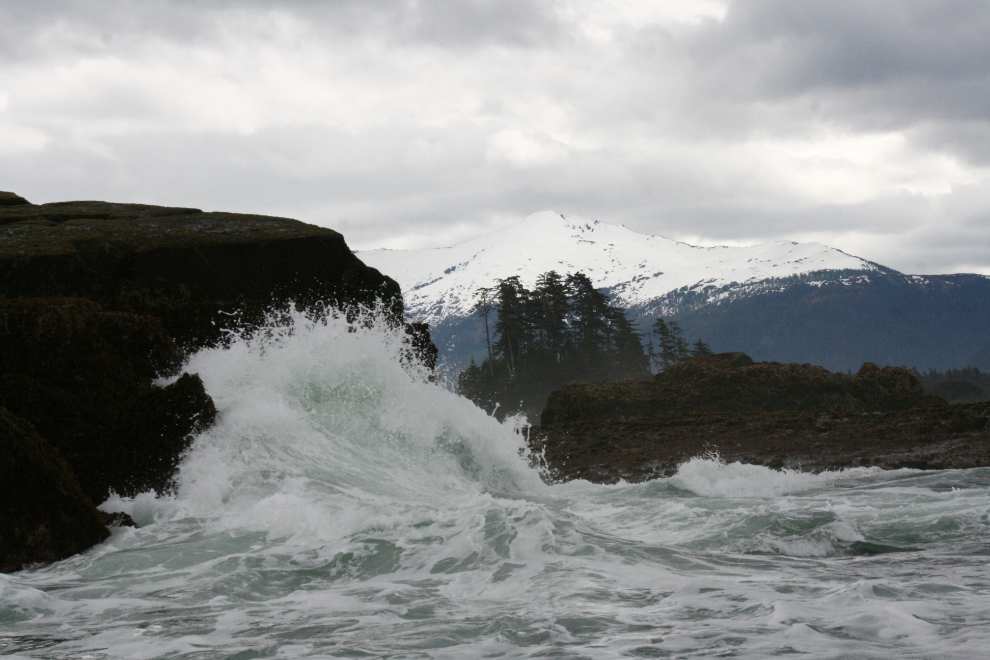 Heavy surf up close from a small boat at Sitka, Alaska