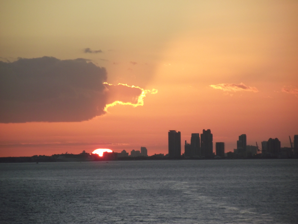 Sailing from the Port of Miami at sunset