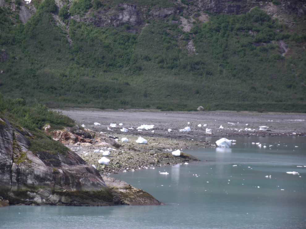 Ice calved off the Margerie Glacier stranded on the beach