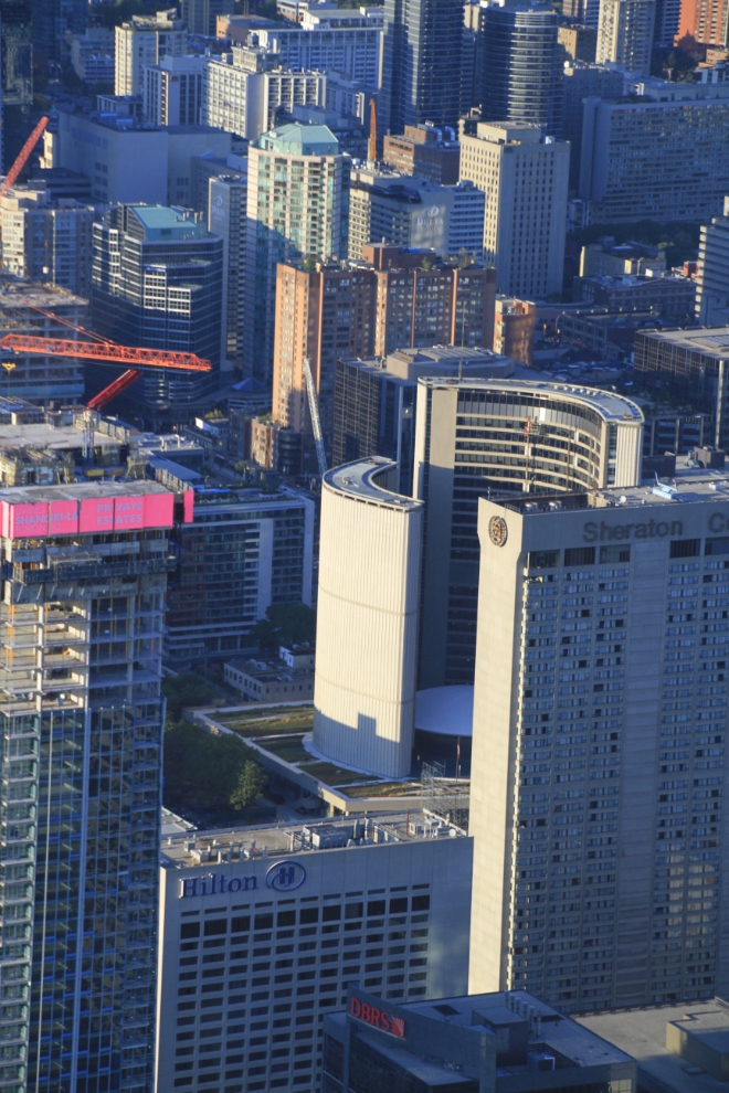 The iconic Toronto City Hall, seen from the CN Tower