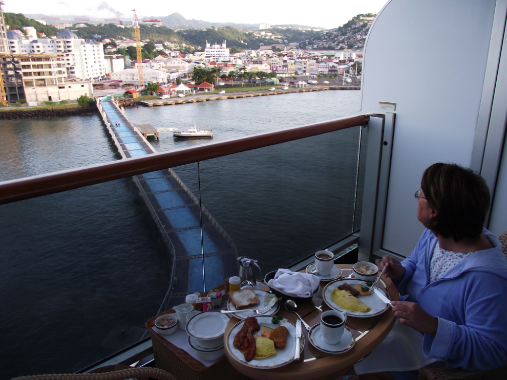 Breakfast on our ship balcony overlooking Fort-de_France, Martinique