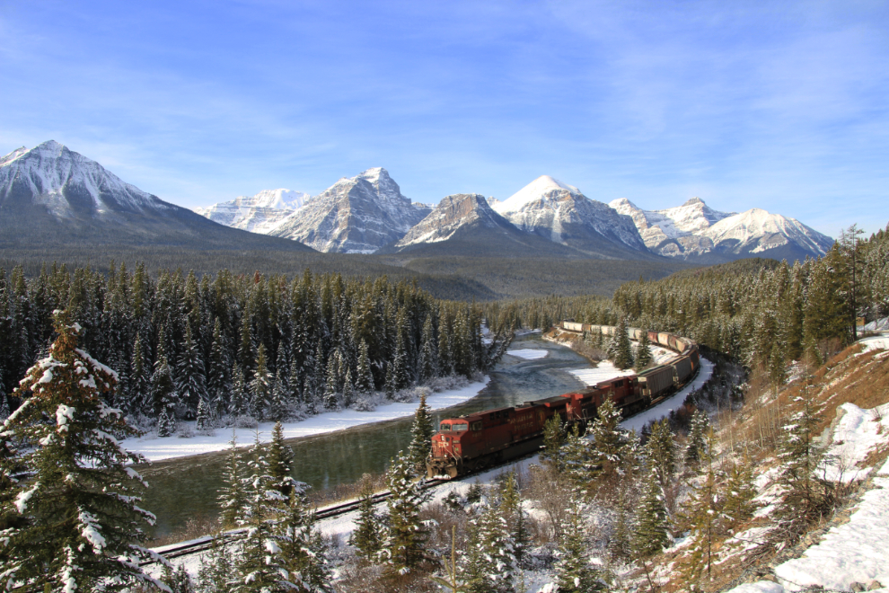 A train at Morant's Curve in the Rockies