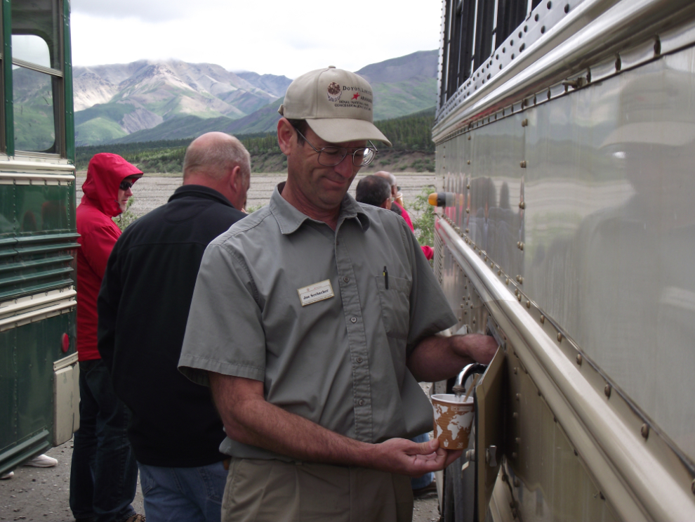 Driver/guide Joe Seebacher serving up hot chocolate - Denali National Park, Alaska