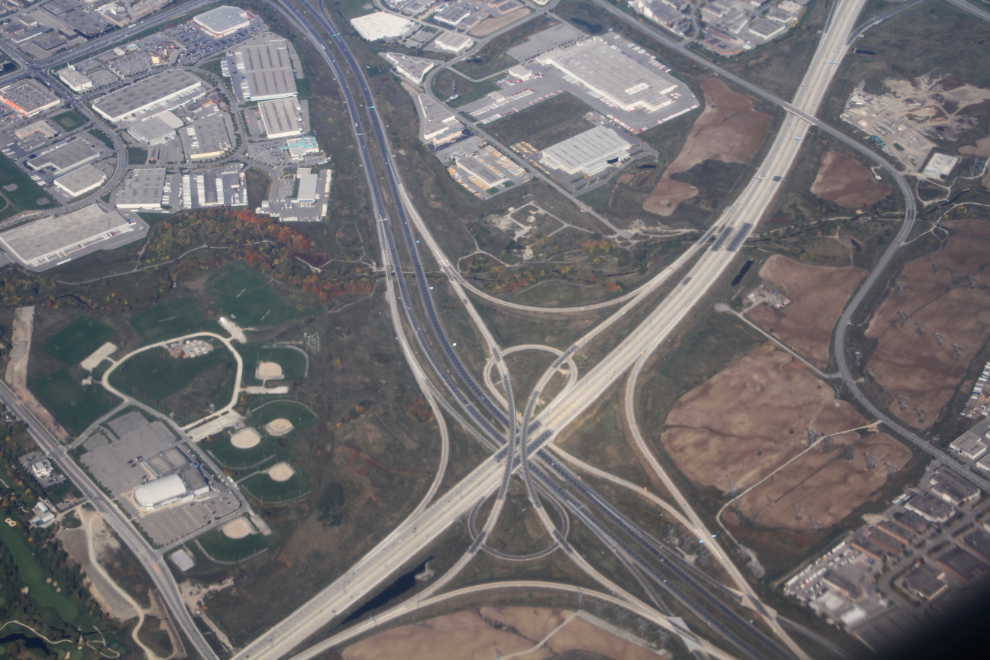 Flying over  Ontario - nearly-empty highways in the Toronto suburbs