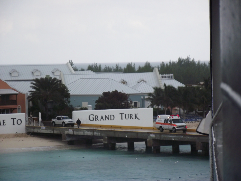 An ambulance and police truck meet our cruise ship at Grand Turk, BWI