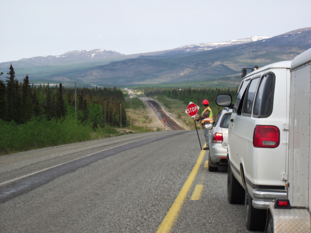Construction delay on the Alaska Highway west of Whitehorse