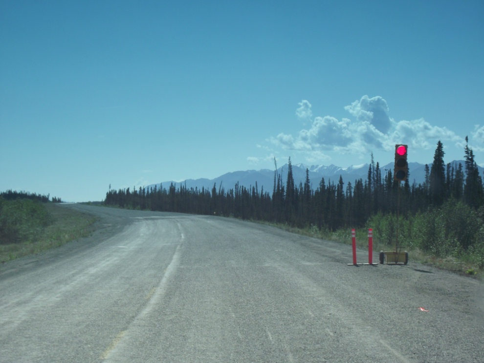 A stop light in the middle of nowhere on the Alaska Highway