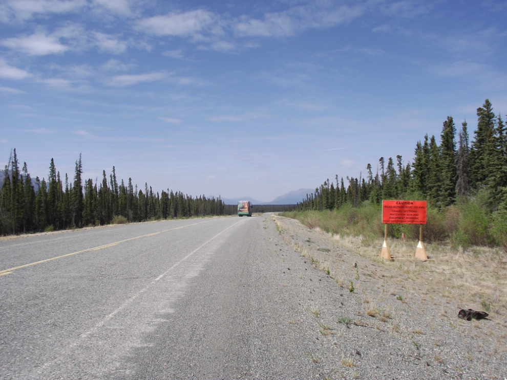 'Caution - Road Repairs Next 182kms' on the Alaska Highway