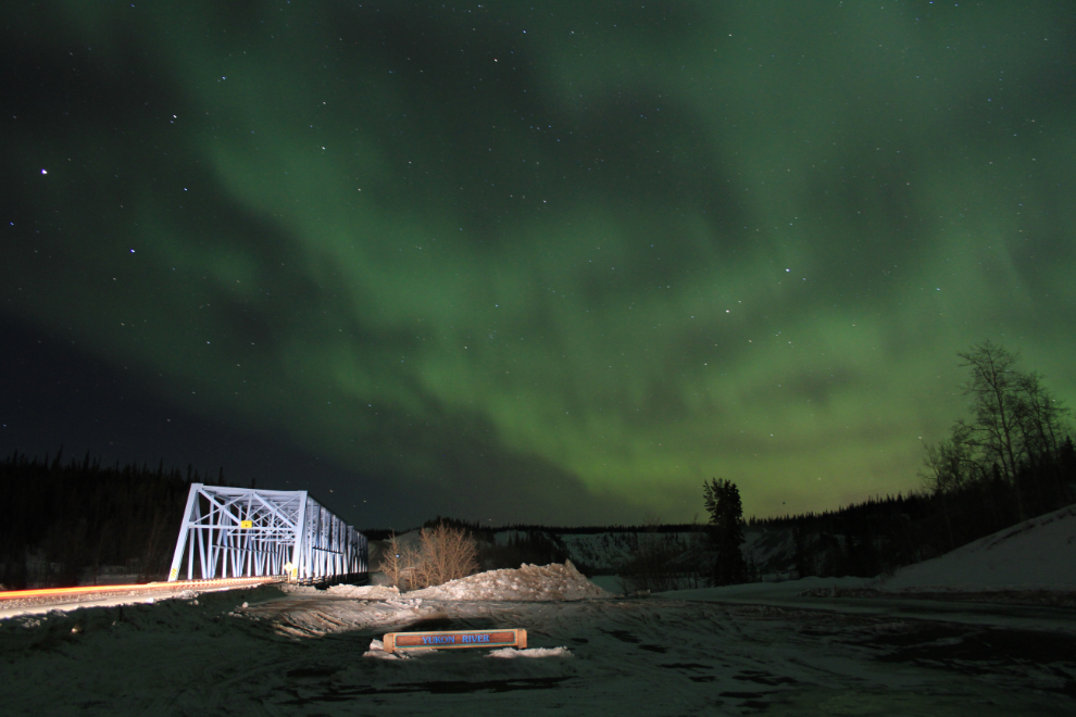 The aurora borealis at the Yukon River Bridge on the Alaska Highway